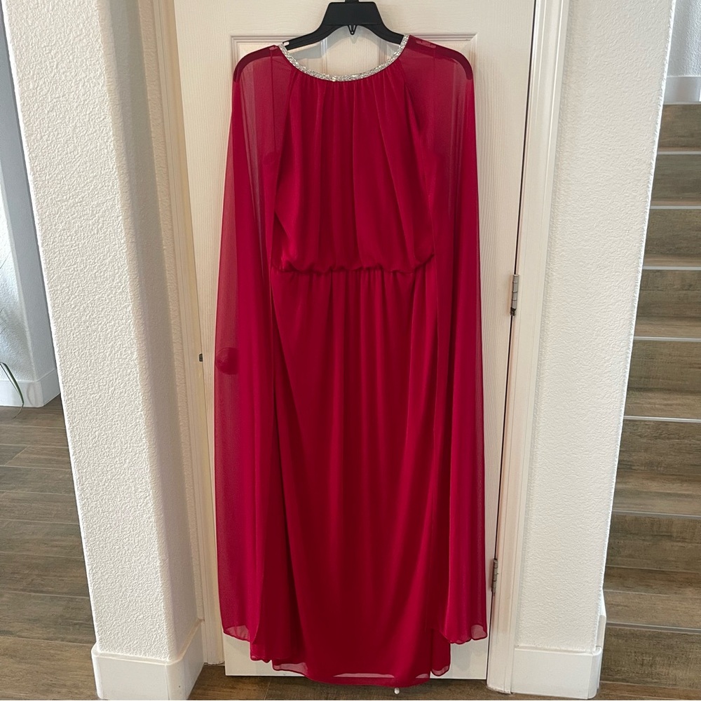 R&M Richards Sheer Cape Vibrant Red Dress with Embellished Trim